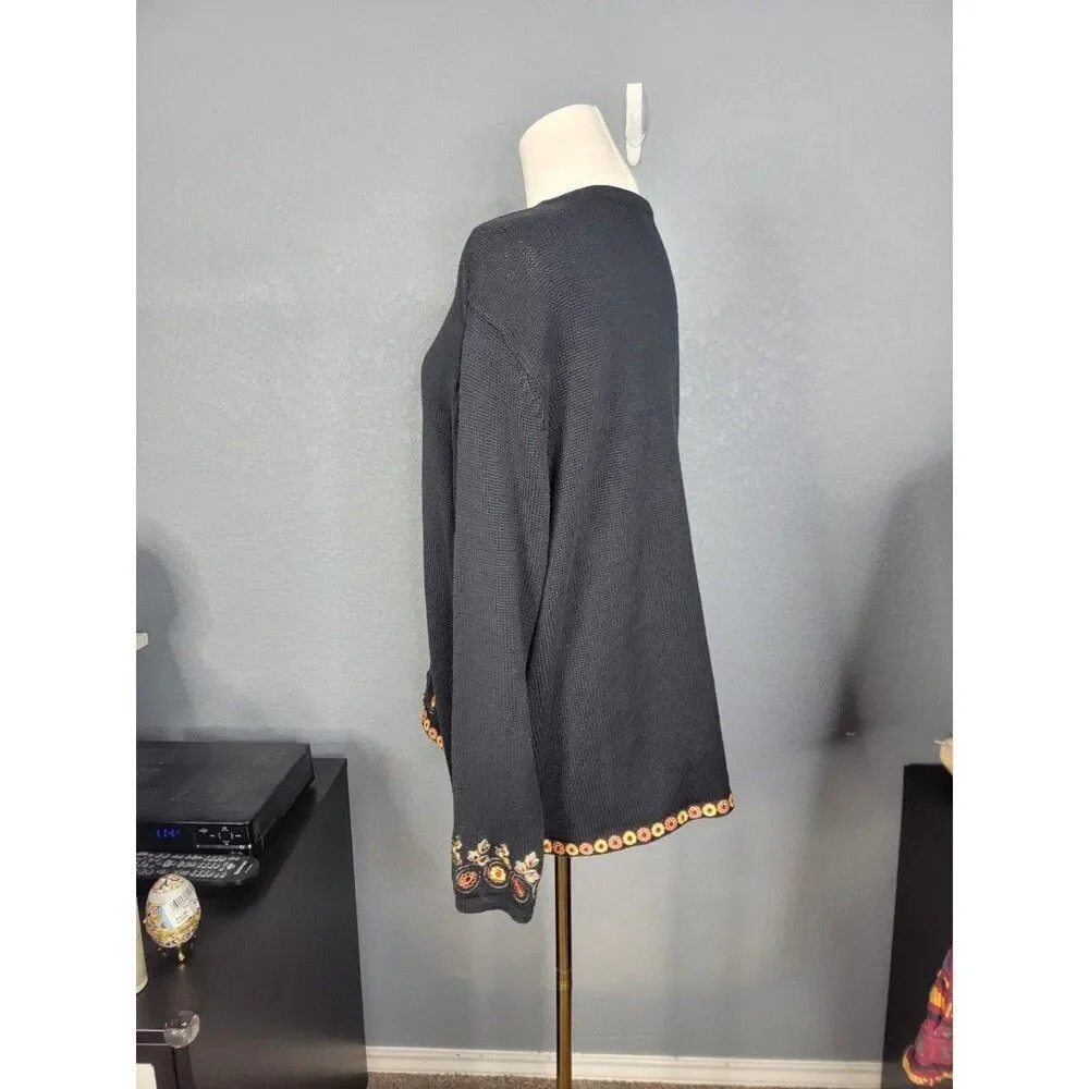Vtg Bechamel Womens L Black Knit Embroidered Autum Leave Floral Button Cardigan